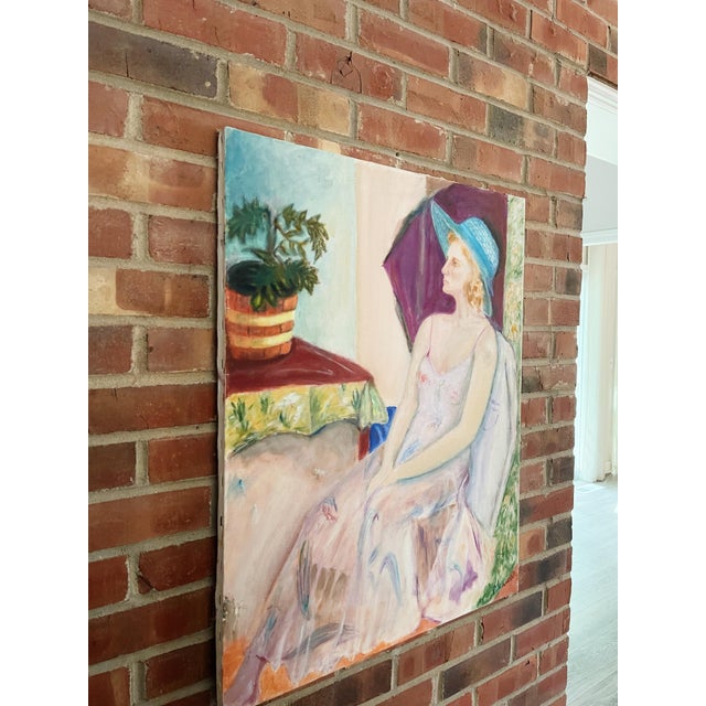 Mid 20th Century Vintage Portrait Painting of Woman Wearing a Floral Dress and Blue Hat For Sale - Image 5 of 7