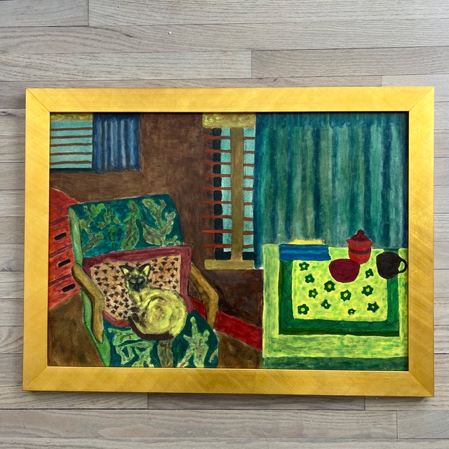 Vintage Framed American school painting of an interior with Siamese cat