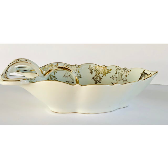 White Rare Antique German Sitzendorf, Voigt Brothers Porcelain 'Dresden Style' Bowl, Vide Poche, With Ornate Handle and Intricate, Filigreed Gilt Detailing For Sale - Image 8 of 12