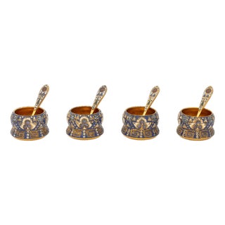 Set of Four Silver Gilt and Polychrome Enameled Open Salt Cellars and Spoons For Sale