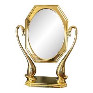 Art Nouveau Style Brass Vanity Mirror With Swan Motif For Sale