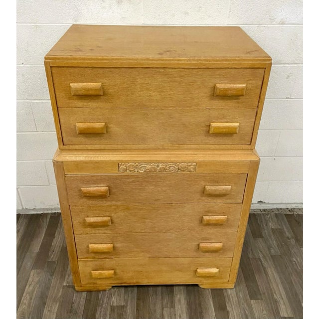 This is an absolutely gorgeous and rare vintage Thomasville Mid Century Blonde Art Deco style chest of drawers with ornate...