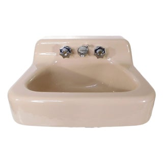 1964 Vintage American Standard Fawn Beige (A Warm, Pink-Cast Tan) Cast Iron & Porcelain Wall-Mounted Sink For Sale