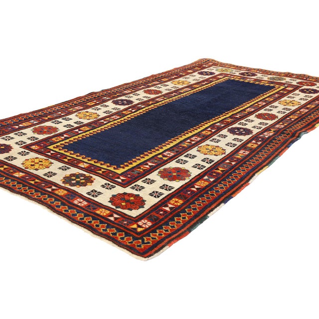 79422 Antique Caucasian Kazak Rug, 03'08 x 06'01. The Indigo Sanctuary: A Late 19th Century Caucasian Kazak Masterpiece of...