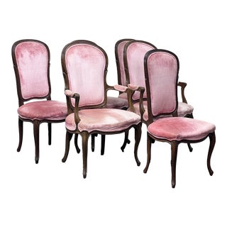 Knops Upholstery. Vintage Louis XVI Pink Velvet Dining Room Chairs, Set of Six For Sale