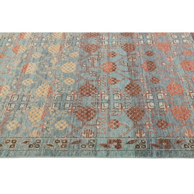 2020s Modern Khotan Style Wool Rug Terracotta, Sage Green & Soft Blue Transitional For Sale - Image 5 of 12