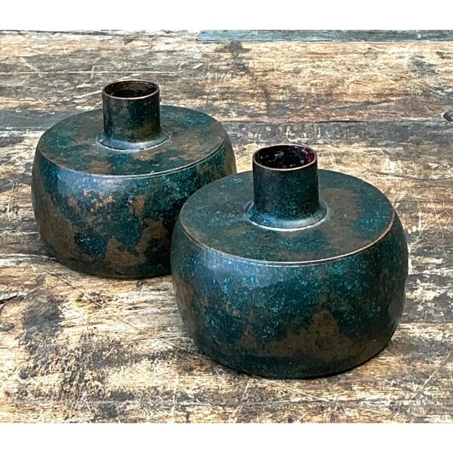 Metal Vintage Patinated Metal Vases - Pair For Sale - Image 7 of 12