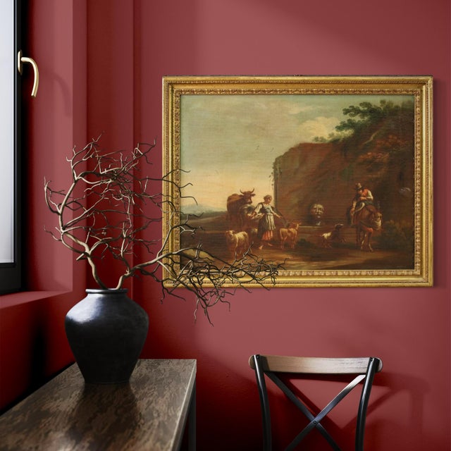 Bucolic Landscape Painting with Figures, Pastoral Scene, 1680, Oil on Canvas For Sale - Image 4 of 17
