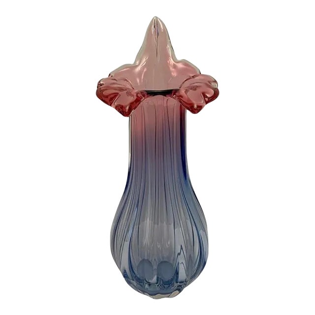 Vintage 1970s Bohemian Czech Double Walled Stretch Glass Vase in Pink/Blue For Sale