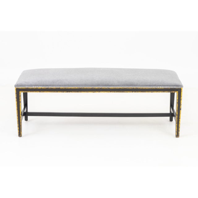 Modern Blue Gray Velvet Upholstered Gilt and Ebonized Bench. 17.5" H x 48.5" W x 16" D. Provenance: From a 320 Central...
