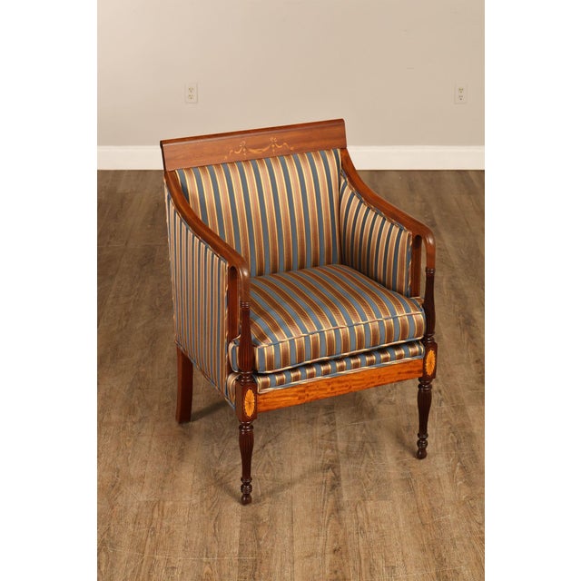 High Quality Vintage Mahogany Armchair with Inlaid Ribbon Crest and Reeded Legs And Custom Upholstery