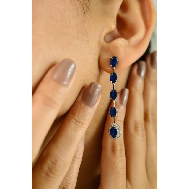 Long Dangle Blue Sapphire Statement Earrings in 14k Gold- A Pair For Sale - Image 4 of 9