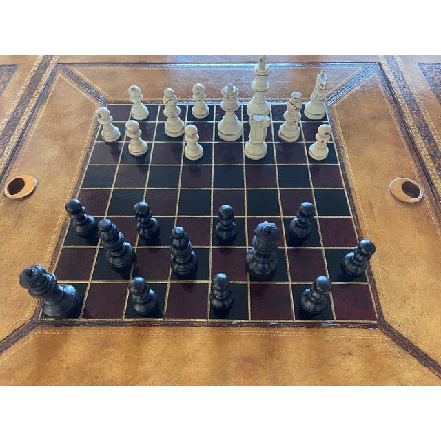 French Provincial 1990s Maitland-Smith Leather Stacked Books Game Table / Trunk Coffee Table With Backgammon & Checkers Board For Sale - Image 3 of 18