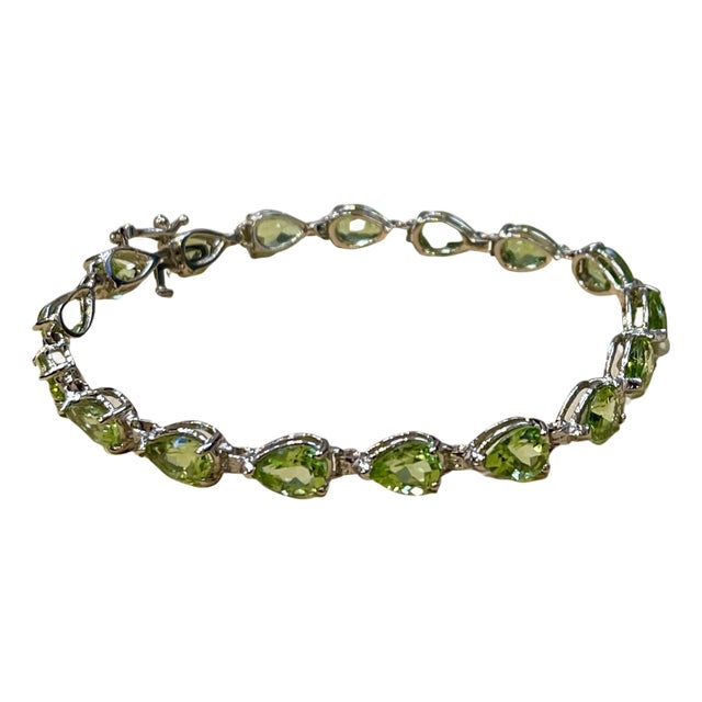 15 Carat Genuine Natural Peridot & Diamond Tennis Bracelet 14 Karat White Gold For Sale