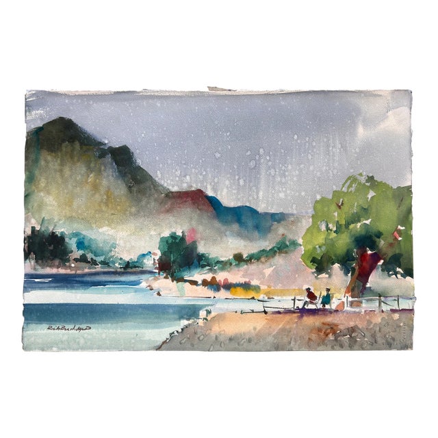 Vintage California Impressionist Watercolor Painting Lake Rain Signed Buchwald For Sale