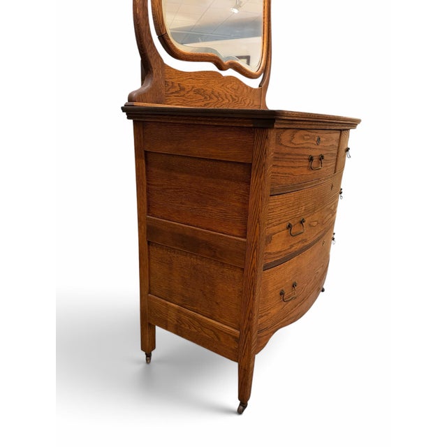 Wood Antique American Quarter-Sawn Oak Serpentine Dresser With Wishbone Mirror For Sale - Image 7 of 11