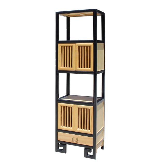 Oriental Black Rim Natural Wood Narrow Storage Display Bookcase Cabinet For Sale - Image 4 of 7