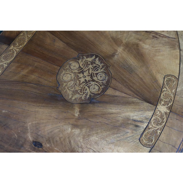 Wood Antique Jacobean Style Walnut Hallway Demi Lune Table With Oak Inlay & Swirled Legs For Sale - Image 7 of 11