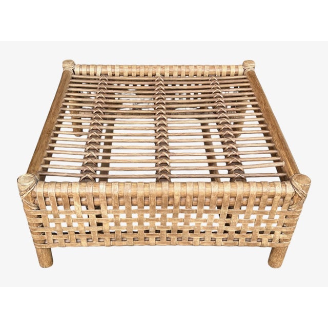 1980s McGuire Thebes Rattan‑Weave Ottoman, Natural Satin Finish, 5" Needlepoint Cushion For Sale - Image 12 of 13