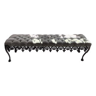 Vintage Hollywood Regency Tufted Velvet Bench With Ornate Metal Base For Sale