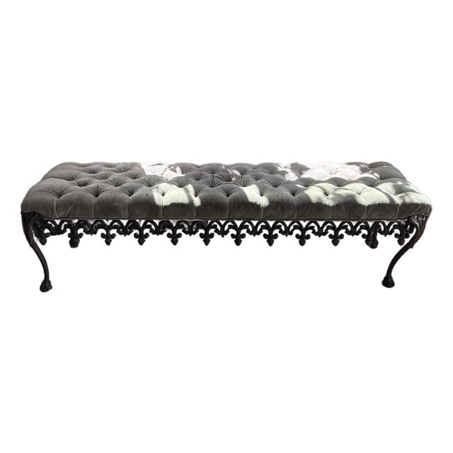 Vintage Hollywood Regency Tufted Velvet Bench With Ornate Metal Base For Sale