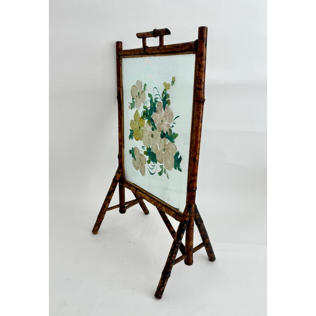 Victorian Antique Victorian Bamboo and Hand-Painted Glass Fire Screen, C,1890s For Sale - Image 3 of 9