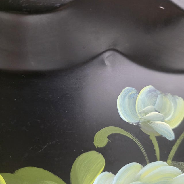 Large 1950s Hand Painted Toleware Tray Black Metal Floral Serving Tole Fine Arts Studio For Sale - Image 10 of 14