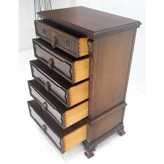 Fine Ornate Carved Oak 5 Drawers Bracket Feet Decorative Chest c1900s MINT For Sale - Image 18 of 18