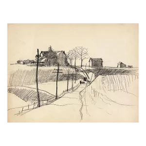 1940s Norman Kent Country Road & Farm Drawing