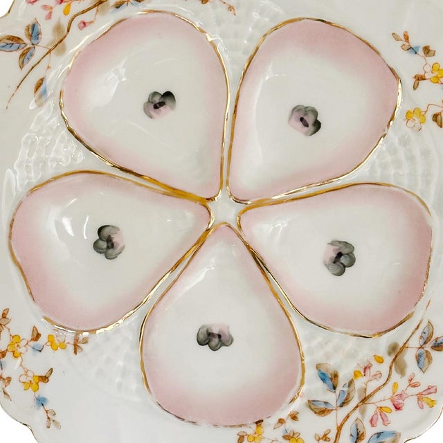 Late 19th Century Antique German Porcelain Oyster Plate Hand-Painted Pink & Gold Floral For Sale - Image 4 of 6