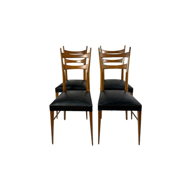 Set of 4 Cherry wood Mid-Century dining chairs, Italian 1950's, Tall slat back with front tapered legs, original...