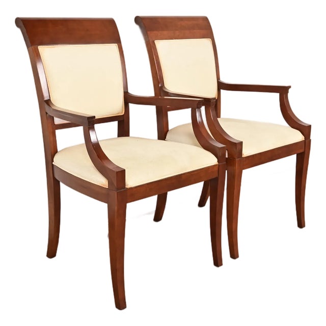 Baker Furniture Modern Regency Cherry Wood Upholstered Armchairs, Pair For Sale