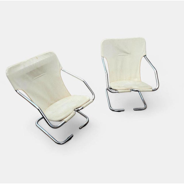 Tubular Chrome Cantilever Chairs with Cream Canvas Slings, Set of 2 For Sale - Image 6 of 11