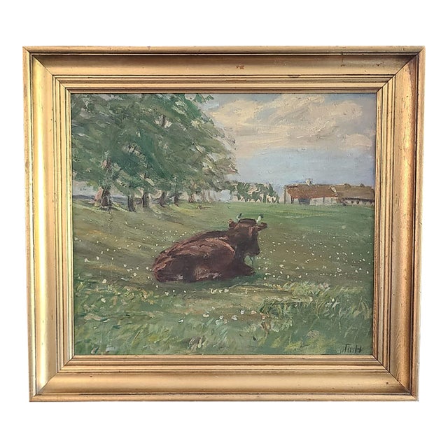 1930s Oil Painting Rural Countryside Landscape With Cow For Sale