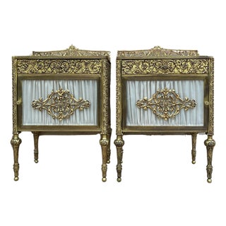 19th Century French Bronze Vitrine Nightstands with Glass Doors and Brass Drawer For Sale