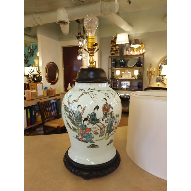 Beautiful vintage Chinese porcelain ginger jar–form table lamp featuring a hand-painted figural court scene in soft...