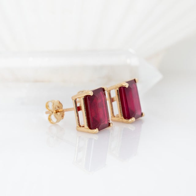 Metal 7.5cts Madagascar Ruby Solitaire Stud Earrings: Solid 14k Gold, 10x8mm, A Pair For Sale - Image 7 of 9