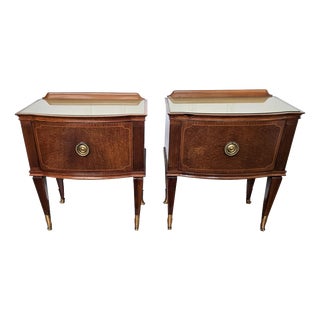 Mid-Century Italian Art Deco Style Nightstands in Walnut with Glass Tops, 1950s, Set of 2 For Sale
