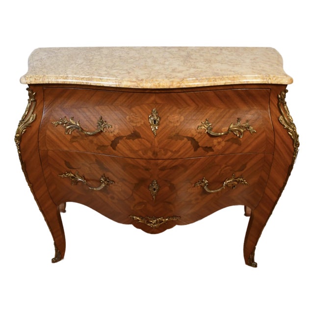 1920 Antique French Louis XV Satinwood Inlaid & Marble Top Commode / Dresser For Sale