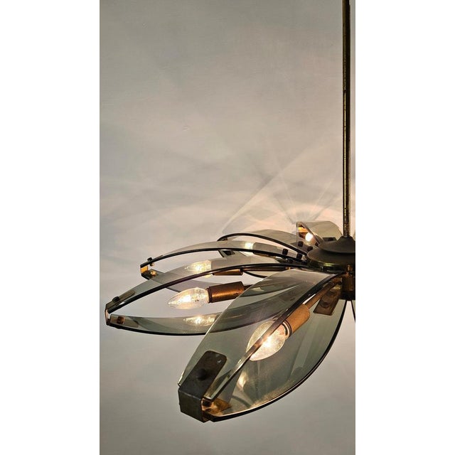 Gold Mid-Century Modern Brass and Glass Chandelier attributed to Fontana Arte, Italy, 1960 For Sale - Image 8 of 12