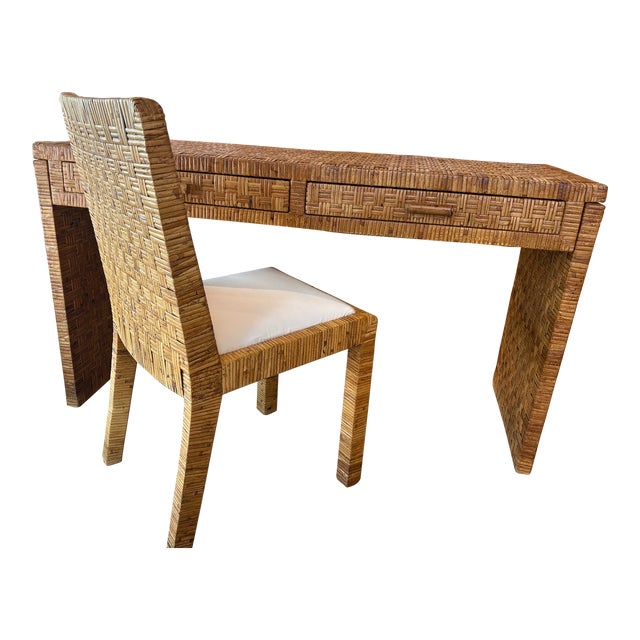 Vintage Coastal Italian Wrapped Woven Rattan Cane Wicker Desk Drawers & Chair For Sale