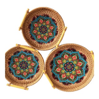 Set of Three Hand Painted Mandala Flower Pattern Rattan Round Trays With Handles For Sale