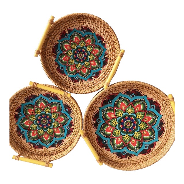 Set of Three Hand Painted Mandala Flower Pattern Rattan Round Trays With Handles For Sale