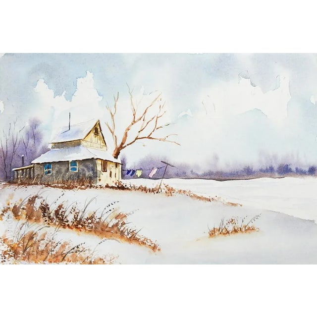 Late 20th century watercolor on paper of leafy botanicals and on the other side is a snowy winter farmhouse landscape by...