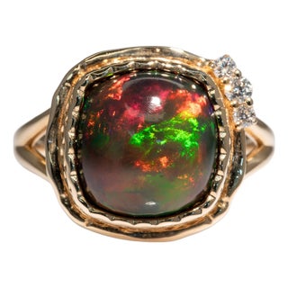 3.9Ct Black Opal Ring With Earth Mined Diamonds Accents: Solid 14k Gold, 11mm For Sale