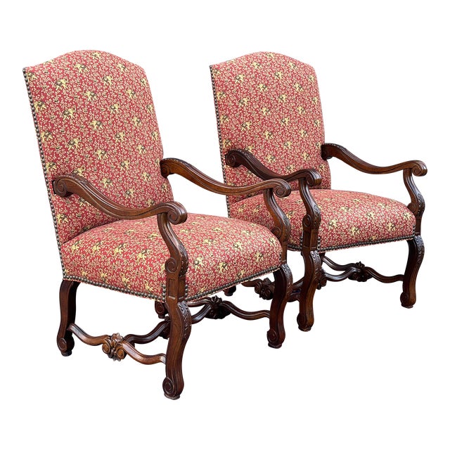 Thomasville Carved French Country Oversized Fireside Open Arm Chairs in Elephant Print Upholstery - a Pair For Sale