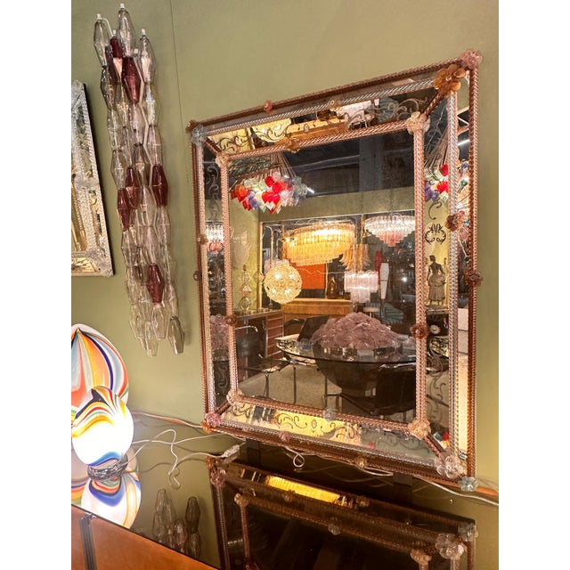 Murano Italian Men and Women Murano Style Glass Floreal Hand-Carving Mirror For Sale - Image 4 of 7