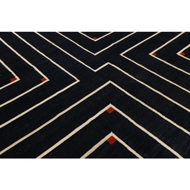 Modern Geometric Kilim Wool Rug With Architectural Line Art & Crimson Accents For Sale - Image 9 of 12