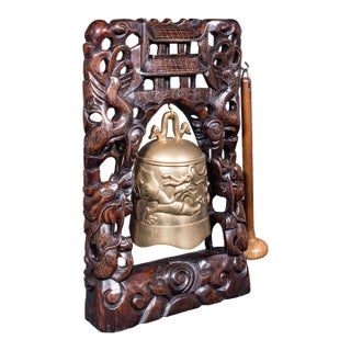 Vintage Tea Gong, Oriental, Bronze Dinner Bell, Prayer, Dragon Motif, Art Deco For Sale
