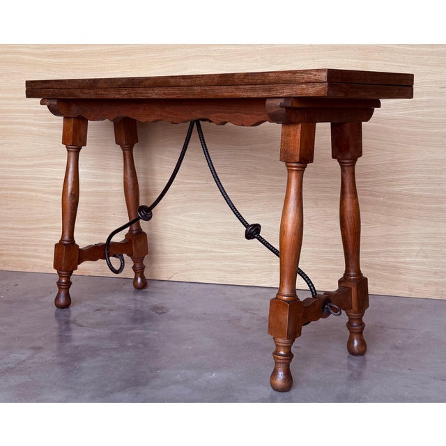 Wood 20th Century Spanish Console Fold Out Farm Table with Wood Stretcher For Sale - Image 7 of 18